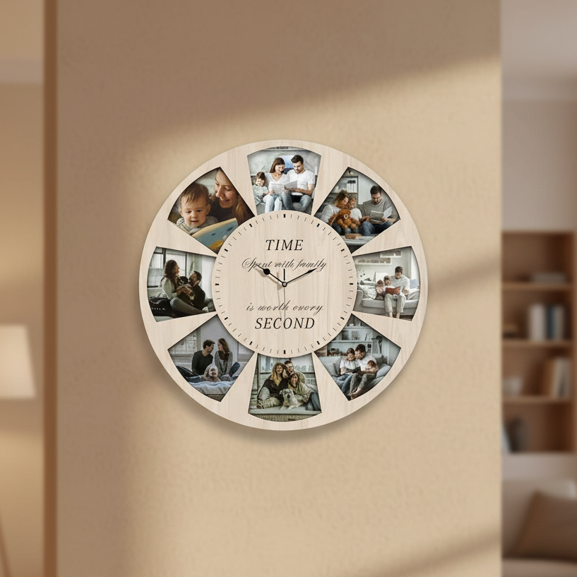 8 picture photo clock wood