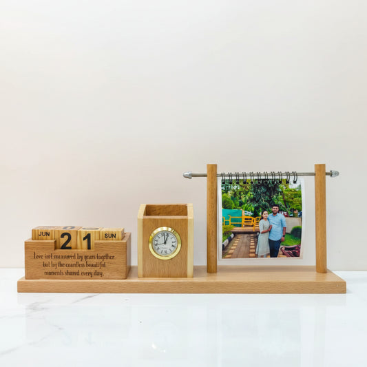 Wooden calender penstand with clock